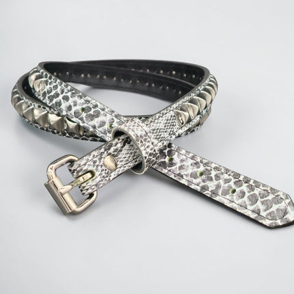 BT134SNK-WHT  WHITE SNAKE 1 ROW PYRAMID STUD BELT