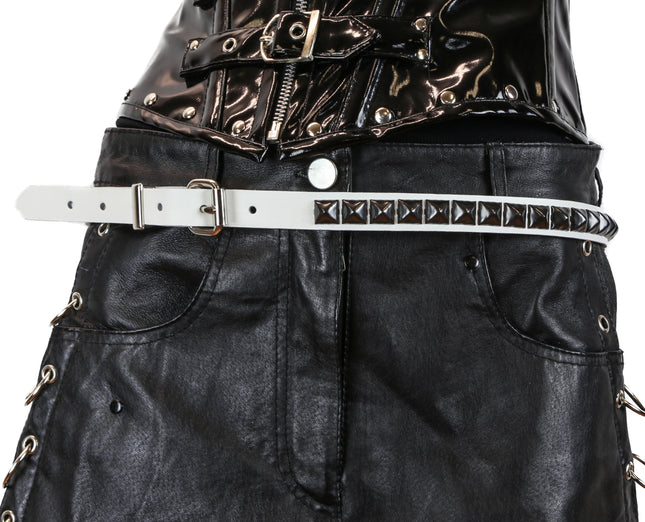 BT134WHT-BS VEGAN WHITE LEATHER BLACK STUDDED BELT