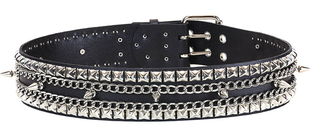 BT136 BLACK LEATHER BELT, 1 ROW 1" SPIKES