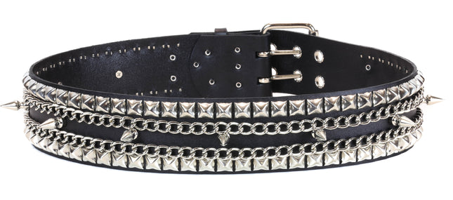 BT136 BLACK LEATHER BELT, 1 ROW 1" SPIKES