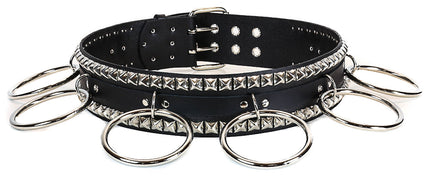 BT137 2 RINGS 2 PYRAMIDS 2 TONGUE BUCKLES BLACK LEATHER BELT