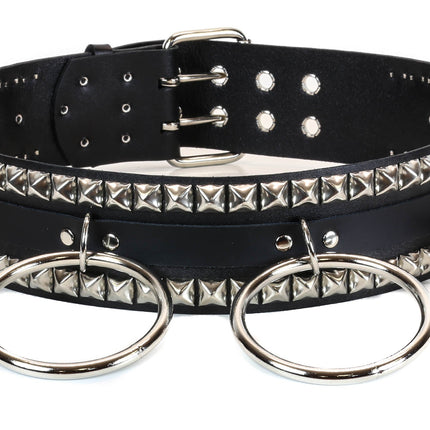 BT137 2 RINGS 2 PYRAMIDS 2 TONGUE BUCKLES BLACK LEATHER BELT