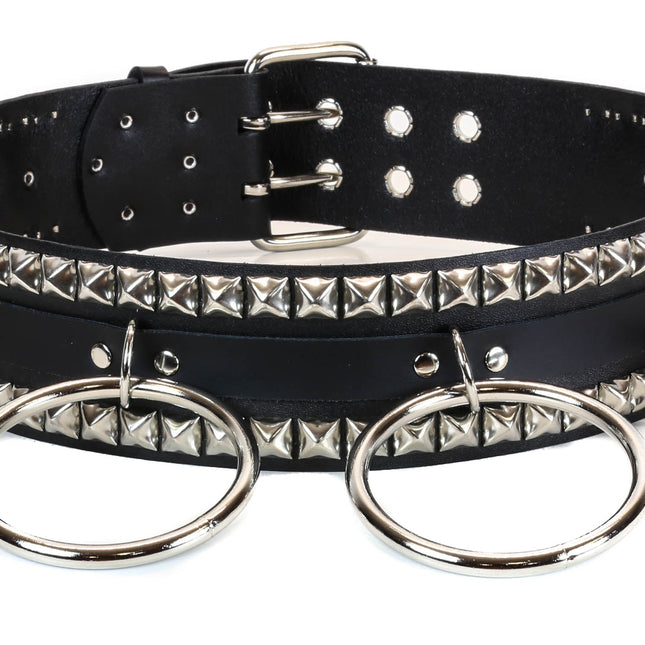 BT137 2 RINGS 2 PYRAMIDS 2 TONGUE BUCKLES BLACK LEATHER BELT