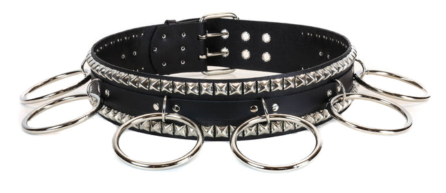 BT137 2 RINGS 2 PYRAMIDS 2 TONGUE BUCKLES BLACK LEATHER BELT