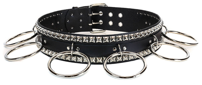 BT137 2 RINGS 2 PYRAMIDS 2 TONGUE BUCKLES BLACK LEATHER BELT