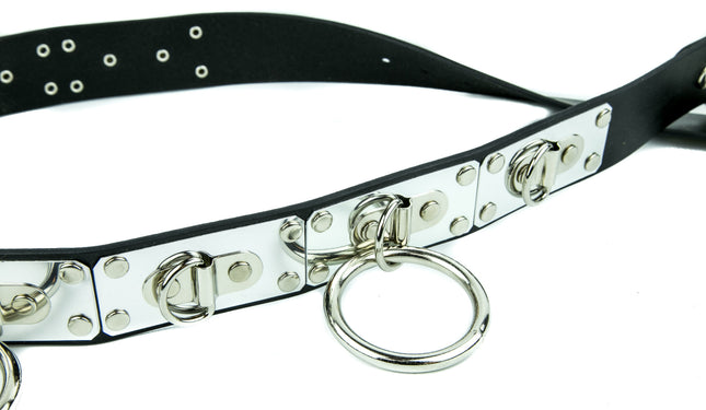 BT139 BLACK LEATHER BELT, MEDIUM RINGS ON METAL PLATES