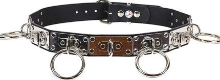 BT139 BLACK LEATHER BELT, MEDIUM RINGS ON METAL PLATES