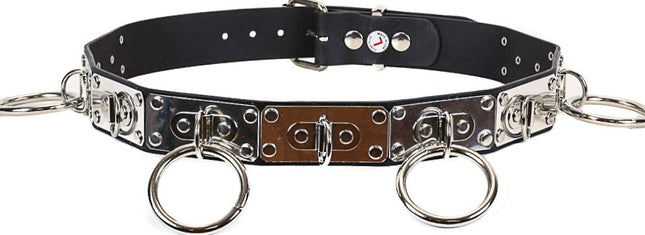 BT139 BLACK LEATHER BELT, MEDIUM RINGS ON METAL PLATES