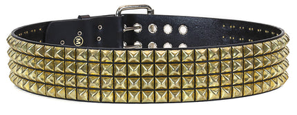 BT143-BRS 4 ROW BRASS PYRAMID STUD BLACK LEATHER BELT