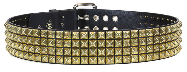 BT143-BRS 4 ROW BRASS PYRAMID STUD BLACK LEATHER BELT