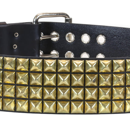 BT143-BRS 4 ROW BRASS PYRAMID STUD BLACK LEATHER BELT