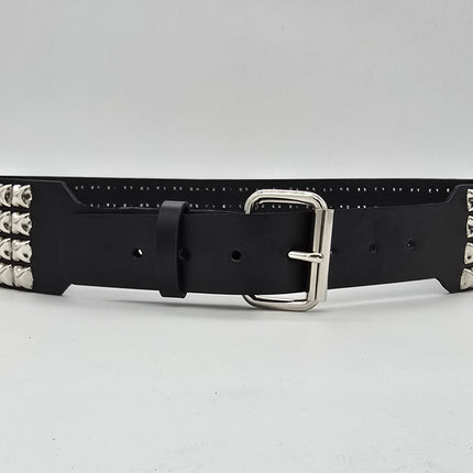 BT143B-SIL 4 ROW PYRAMID STUDDED BELT WITH NARROW HEAD ROLLER BUCKLE