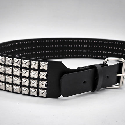 BT143B-SIL 4 ROW PYRAMID STUDDED BELT WITH NARROW HEAD ROLLER BUCKLE