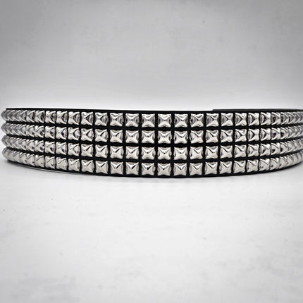 BT143B-SIL 4 ROW PYRAMID STUDDED BELT WITH NARROW HEAD ROLLER BUCKLE