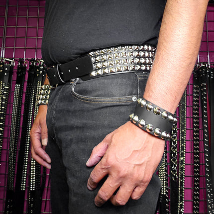 BT143B-SIL 4 ROW PYRAMID STUDDED BELT WITH NARROW HEAD ROLLER BUCKLE