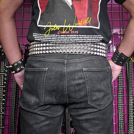 BT143B-SIL 4 ROW PYRAMID STUDDED BELT WITH NARROW HEAD ROLLER BUCKLE