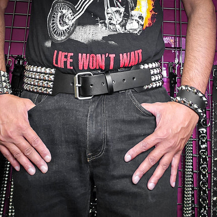 BT143B-SIL 4 ROW PYRAMID STUDDED BELT WITH NARROW HEAD ROLLER BUCKLE