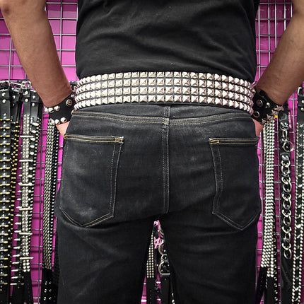 BT143B-SIL 4 ROW PYRAMID STUDDED BELT WITH NARROW HEAD ROLLER BUCKLE