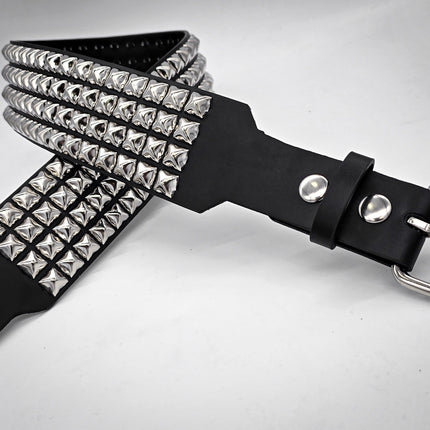 BT143B-SIL 4 ROW PYRAMID STUDDED BELT WITH NARROW HEAD ROLLER BUCKLE