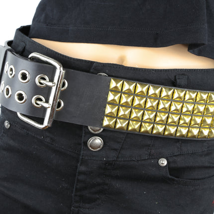 BT143-BRS 4 ROW BRASS PYRAMID STUD BLACK LEATHER BELT