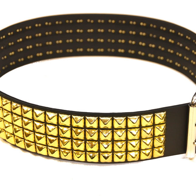 BT143-BRS 4 ROW BRASS PYRAMID STUD BLACK LEATHER BELT