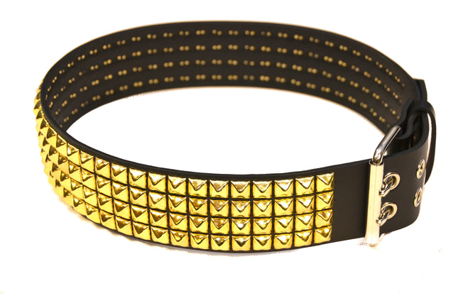 BT143-BRS 4 ROW BRASS PYRAMID STUD BLACK LEATHER BELT