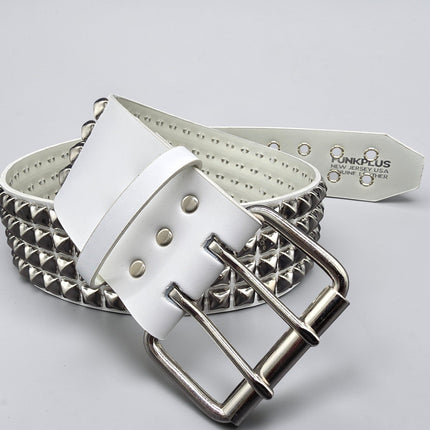 BT143WHITE GENUINE LEATHER WHITE 4 ROW PYRAMID STUDDED  BELT