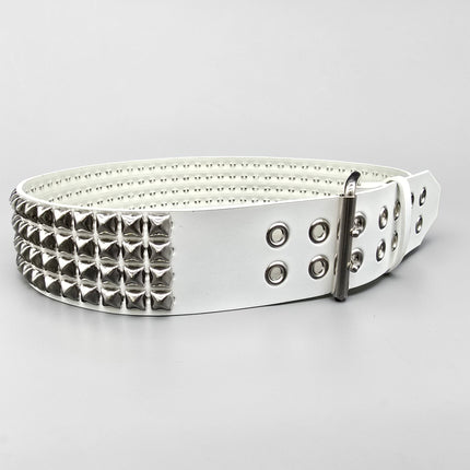 BT143WHITE GENUINE LEATHER WHITE 4 ROW PYRAMID STUDDED  BELT