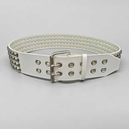 BT143WHITE GENUINE LEATHER WHITE 4 ROW PYRAMID STUDDED  BELT