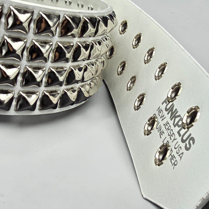 BT143WHITE GENUINE LEATHER WHITE 4 ROW PYRAMID STUDDED  BELT