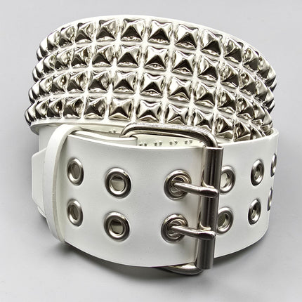 BT143WHITE GENUINE LEATHER WHITE 4 ROW PYRAMID STUDDED  BELT