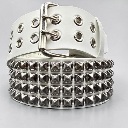 BT143WHITE GENUINE LEATHER WHITE 4 ROW PYRAMID STUDDED  BELT
