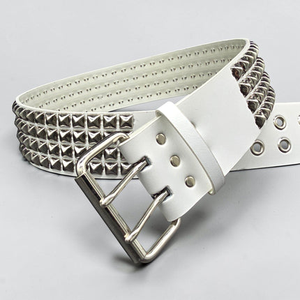BT143WHITE GENUINE LEATHER WHITE 4 ROW PYRAMID STUDDED  BELT