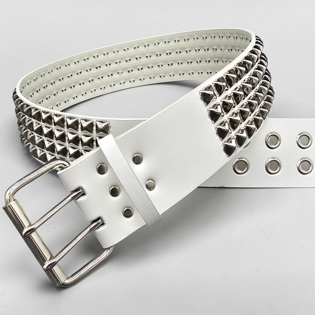 BT143WHITE GENUINE LEATHER WHITE 4 ROW PYRAMID STUDDED  BELT