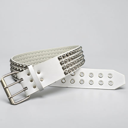 BT143WHITE GENUINE LEATHER WHITE 4 ROW PYRAMID STUDDED  BELT