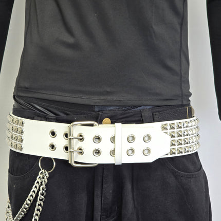 BT143WHITE GENUINE LEATHER WHITE 4 ROW PYRAMID STUDDED  BELT