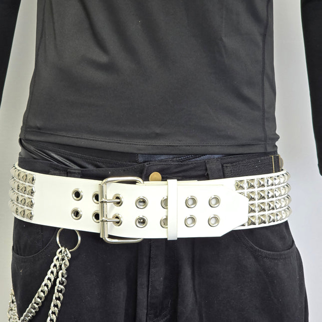 BT143WHITE GENUINE LEATHER WHITE 4 ROW PYRAMID STUDDED  BELT