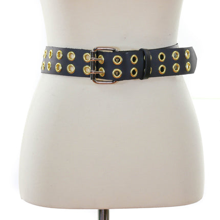 BT145-BRS 2 ROW BRASS EYELET BLACK LEATHER BELT