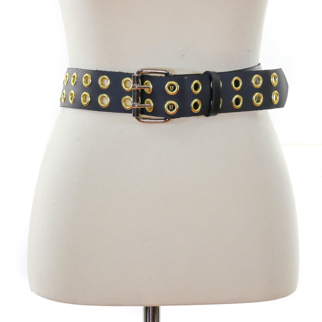 BT145-BRS 2 ROW BRASS EYELET BLACK LEATHER BELT