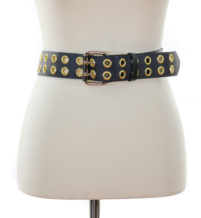 BT145-BRS 2 ROW BRASS EYELET BLACK LEATHER BELT