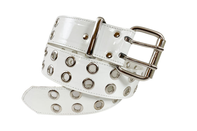 BT145P-WHT 2 ROW EYELET WHITE PATENT LEATHER BELT