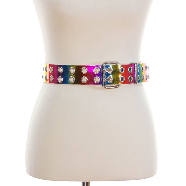 BT145RN-M 2 ROW EYELET RAINBOW HOLOGRAPHIC BELT