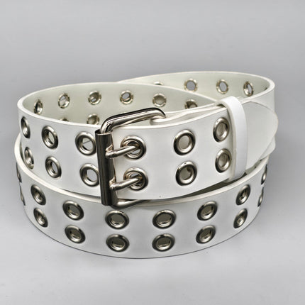 BT145WT GENUINE WHITE LEATHER 2 ROW EYELET GROMMET  STUDDED  BELT