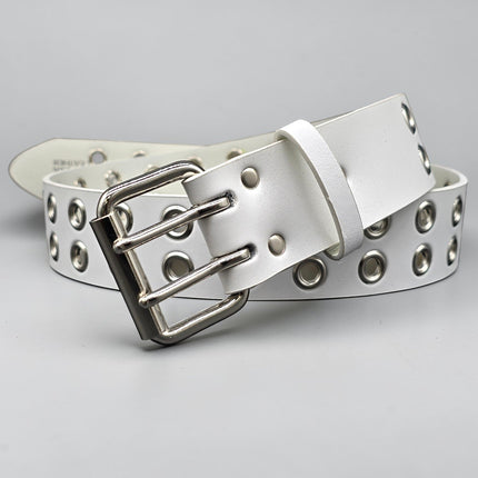 BT145WT GENUINE WHITE LEATHER 2 ROW EYELET GROMMET  STUDDED  BELT