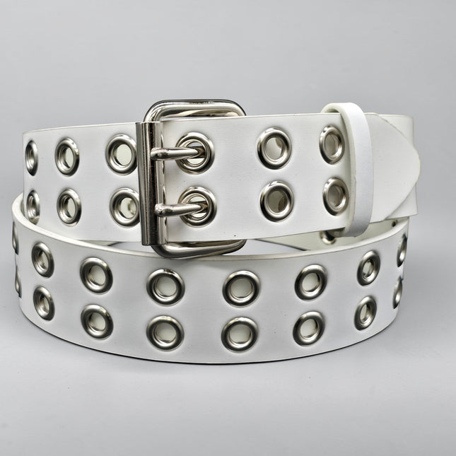 BT145WT GENUINE WHITE LEATHER 2 ROW EYELET GROMMET  STUDDED  BELT