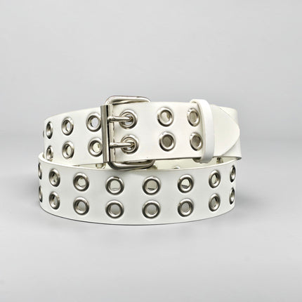 BT145WT GENUINE WHITE LEATHER 2 ROW EYELET GROMMET  STUDDED  BELT