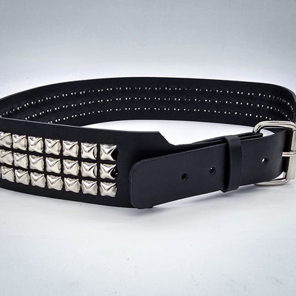 BT146B  3 ROW PYRAMID STUDDED 2 1/2" WIDE  BELT WITH NARROW HEAD ROLLER  BUCKLE