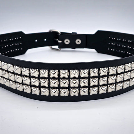 BT146B  3 ROW PYRAMID STUDDED 2 1/2" WIDE  BELT WITH NARROW HEAD ROLLER  BUCKLE
