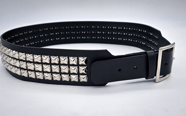 BT146B-GB  3 ROW PYRAMID STUDDED 2 1/2" WIDE  BELT WITH NARROW HEAD GARRISON  BUCKLE