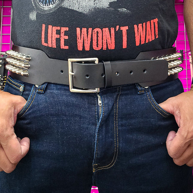 BT146B-UK-GB 3 ROW UK77 STUDDED 2 1/2" WIDE  BELT WITH NARROW HEAD GARRISON BUCKLE